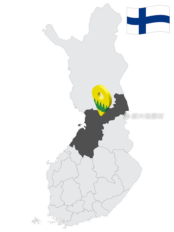 芬兰地图上的凯努地区。类似凯努旗的3d位置标志。质量地图与地区的芬兰为您的设计。EPS10。