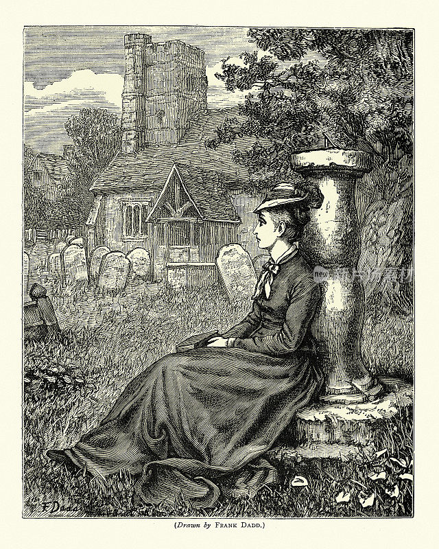 年轻女子坐在墓地里沉思人生,维多利亚时代