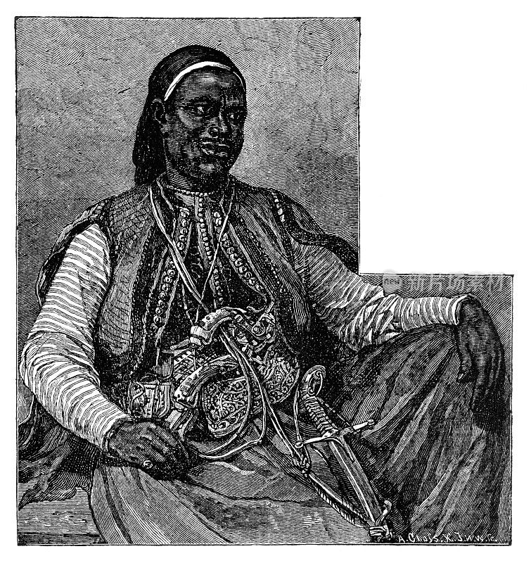 埃及非正规军的努比亚军官。非洲历史与文化。古董插图。19世纪。