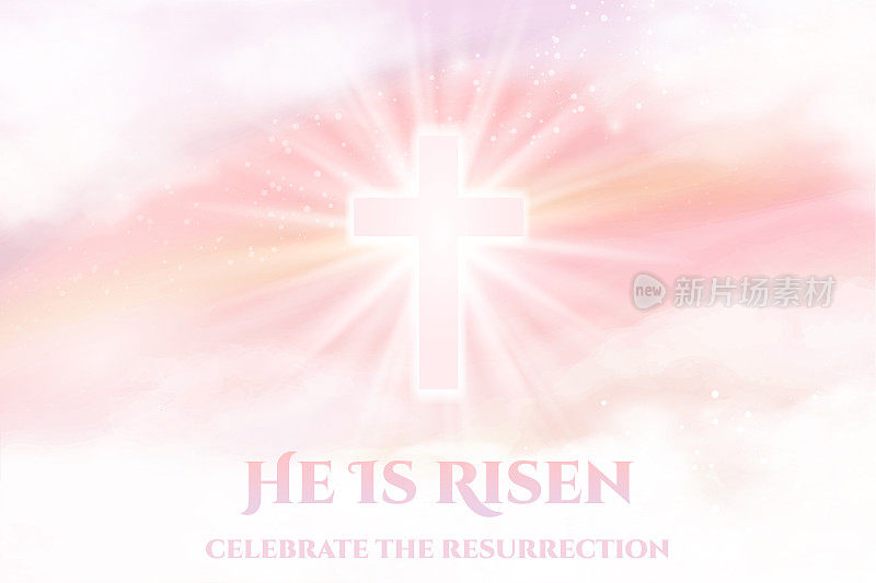 他复活了——复活节的横幅。基督教背景与黎明的天空和白云和闪光的十字架。矢量插图设计模板贺卡，横幅或传单