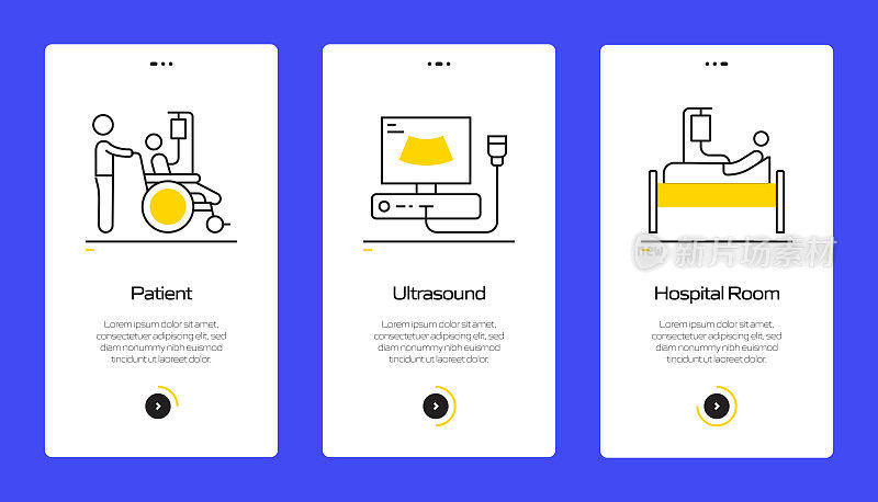带图标的移动应用程序页面屏幕上的医疗保健和医疗概念。用户体验，用户界面设计模板矢量插图