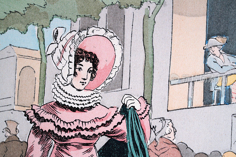 19世纪早期的法国时尚，戴大边帽，有褶边领子的妇女