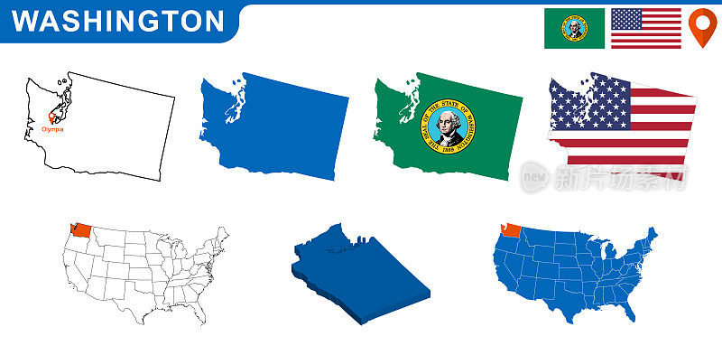 美国华盛顿州华盛顿州的地图和国旗。