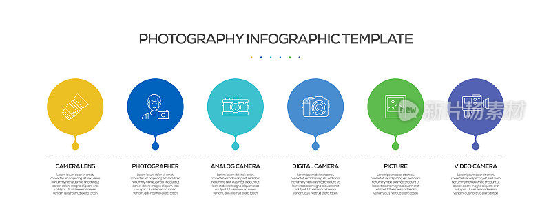 摄影相关工艺信息图表模板。过程时间图。带有线性图标的工作流布局