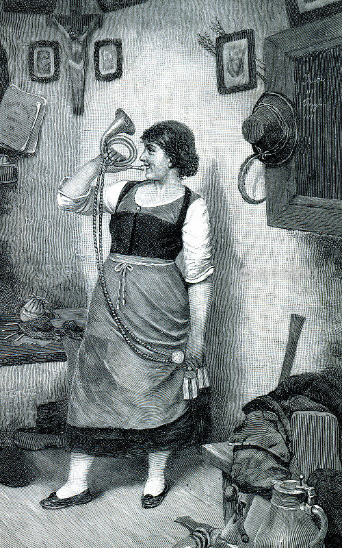 1896年，年轻的巴伐利亚妇女吹着猎号