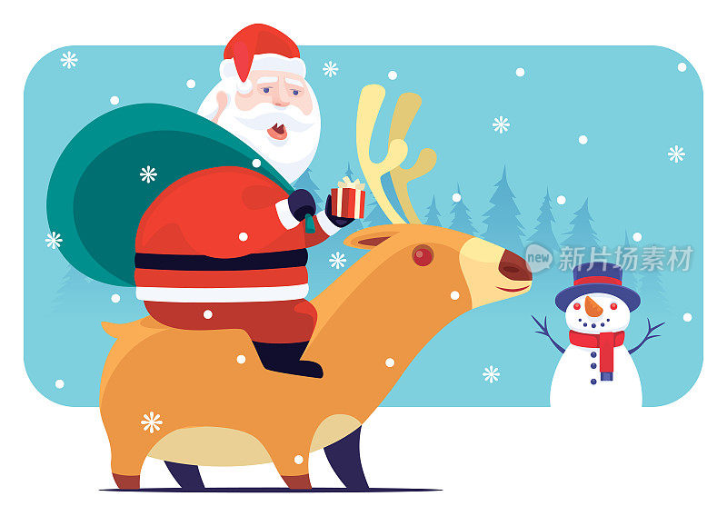 圣诞老人骑着驯鹿，遇见了雪人