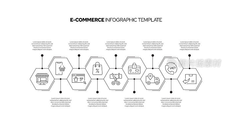 电子商务概念矢量线信息图形设计图标。9选项或步骤的介绍，横幅，工作流程布局，流程图等。