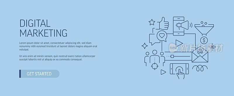 数字营销相关的网页横幅线风格。现代设计矢量插图的网页旗帜，网站标题等股票插图