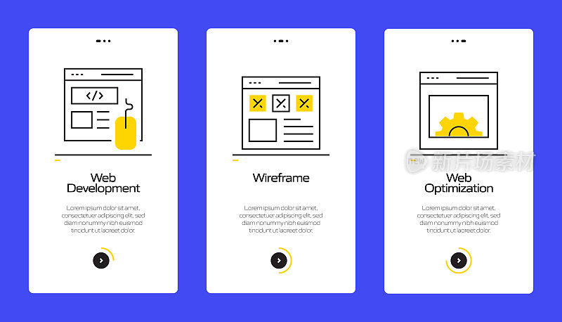 搜索引擎优化概念Onboarding移动应用程序页面屏幕与平面图标。用户体验，UI设计模板矢量插图