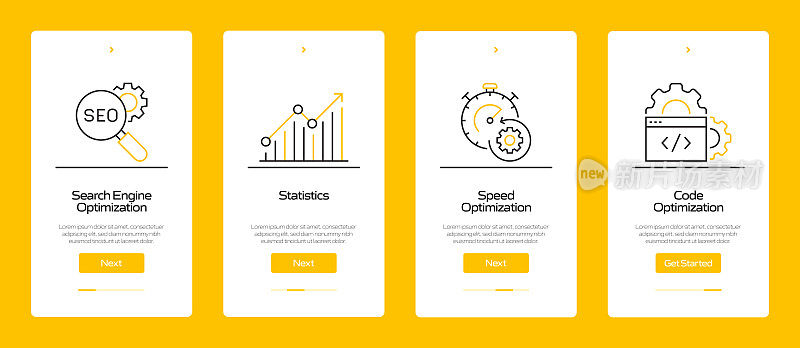搜索引擎优化概念Onboarding移动应用程序页面屏幕与平面图标。UI设计模板矢量插图