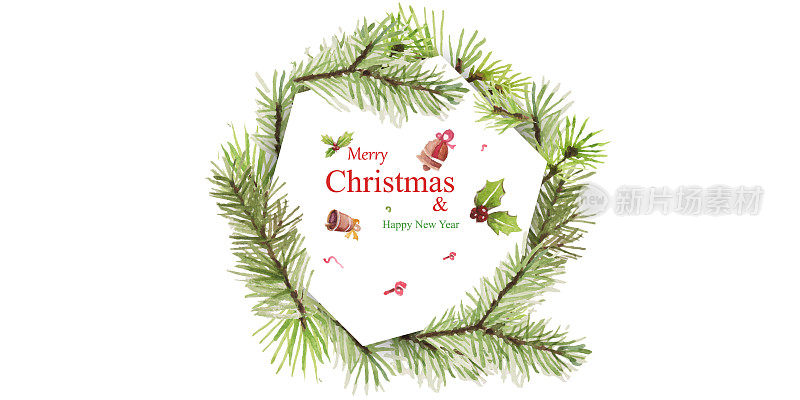 有创意的布局，由快乐的圣诞松树树枝与纸卡片的笔记。平的。自然新年概念。孤立在用水彩在白色背景上画