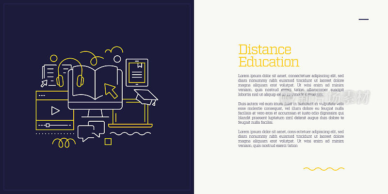 矢量集插图远程教育概念。线条艺术风格的网页，横幅，海报，印刷等背景设计。矢量插图。