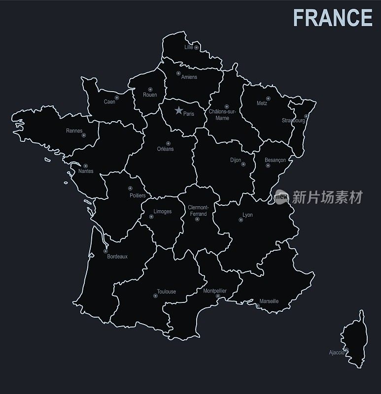 在黑色背景上的法国城市和地区的平面地图