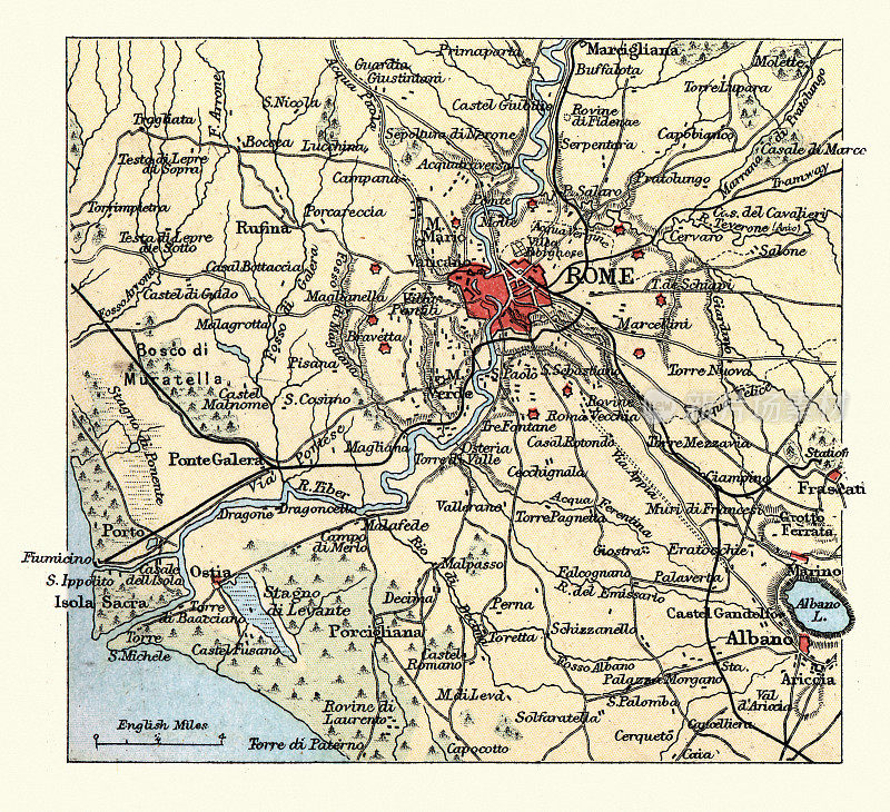 意大利罗马周边地区的古董地图，19世纪，19世纪90年代