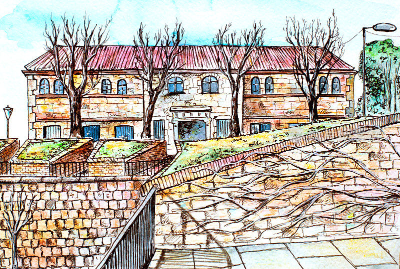 巴塞罗那蒙朱伊克山的手绘旧建筑。水彩，眼线和彩色铅笔城市素描插图