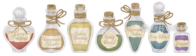 一套水彩插图与古董药水瓶装饰绳和标签。孤立在白色的。