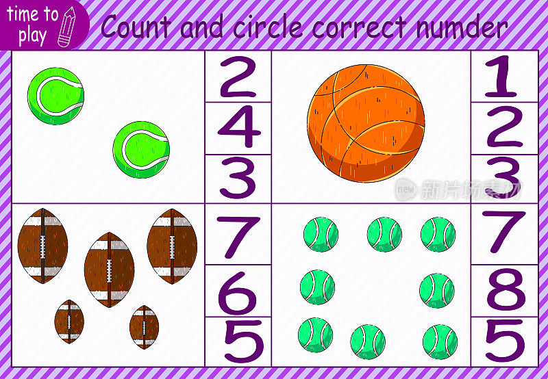 儿童的教育游戏，任务。数一数图片中有多少个球，圈出正确的数字。有趣的弹球。