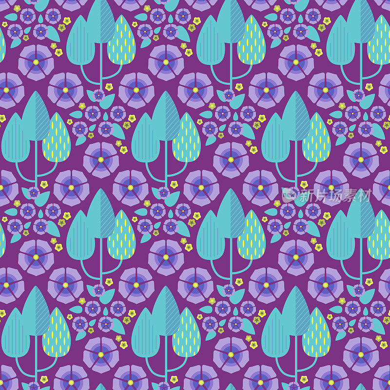 装饰艺术风格的长春花，紫色和绿松石色和极浅蓝色，无缝的自然几何图案，背景插图