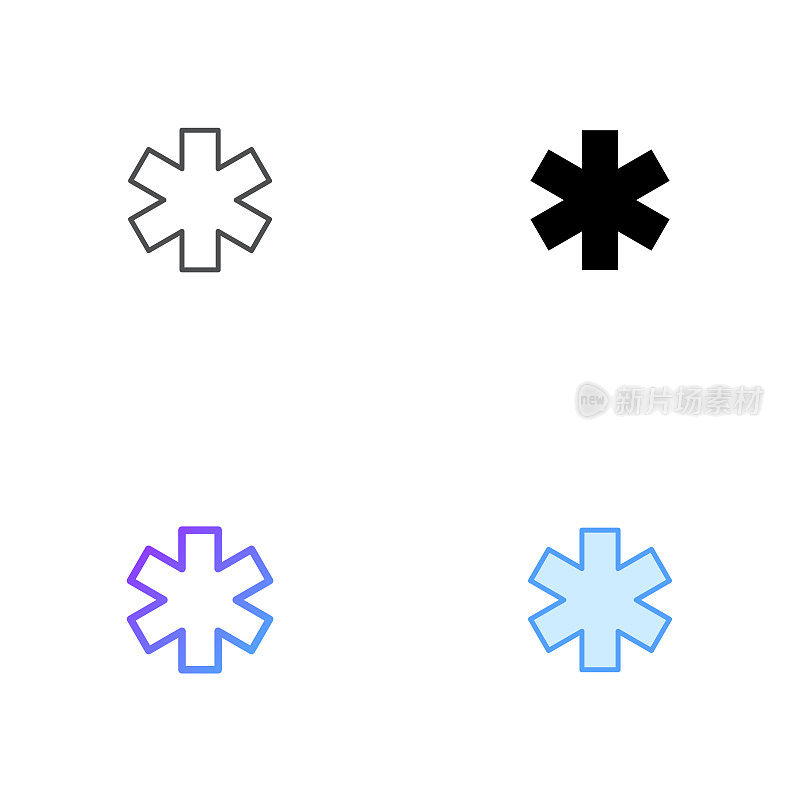 医疗星符号图标设计在四种风格与可编辑的中风。线，实线，平线和颜色梯度线。适用于网页、移动应用、UI、UX和GUI设计。