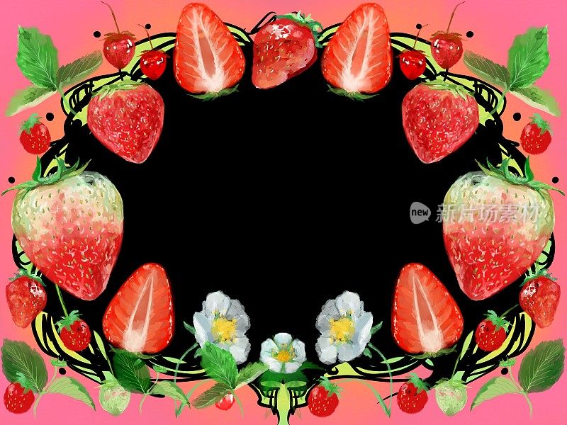 水彩框卡插图新鲜的草莓，白色的花和植物