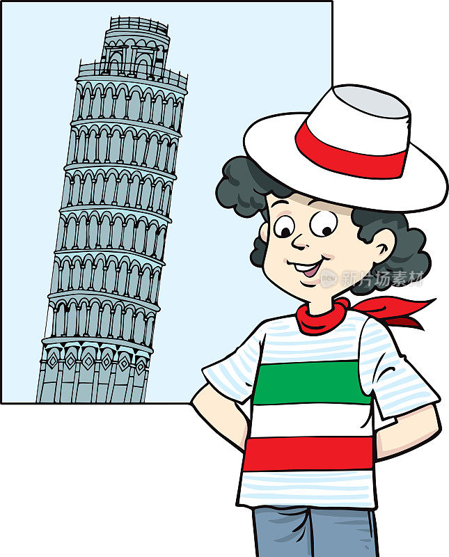 旅行到意大利-一个平面设计在白色背景上的彩色插图。和一个可爱的男孩一起作文。旅游休闲的概念