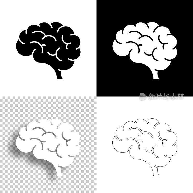 大脑。图标设计。空白，白色和黑色背景-线图标