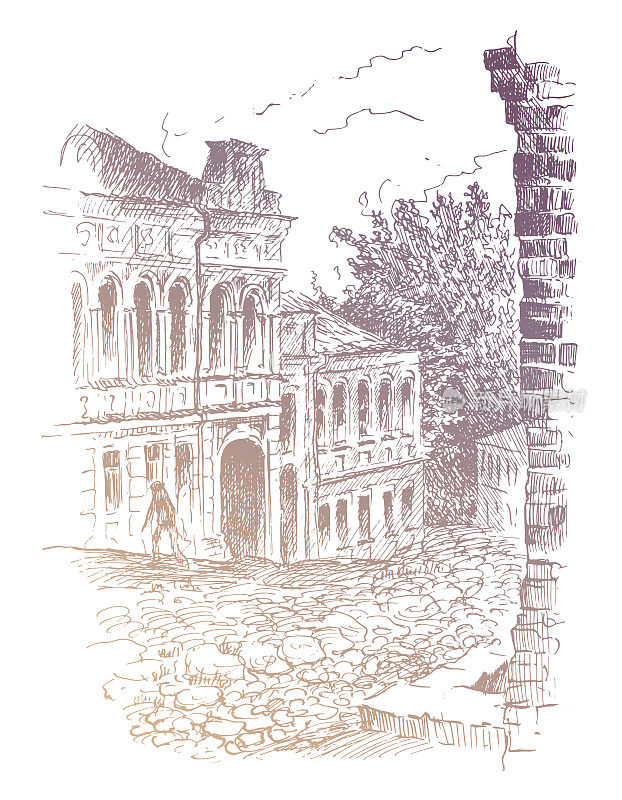 手绘古水墨和笔画风景素描。基辅市安德里耶夫斯基乌兹维兹街上的旧住宅。矢量描画白色背景上的金色轮廓