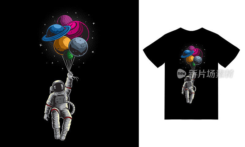宇航员漂浮行星气球插图与t恤设计溢价矢量