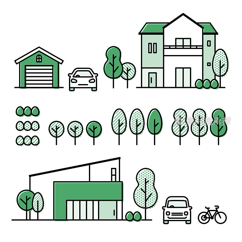 一套图标的郊区的房子，种植的树，汽车，自行车，和车库