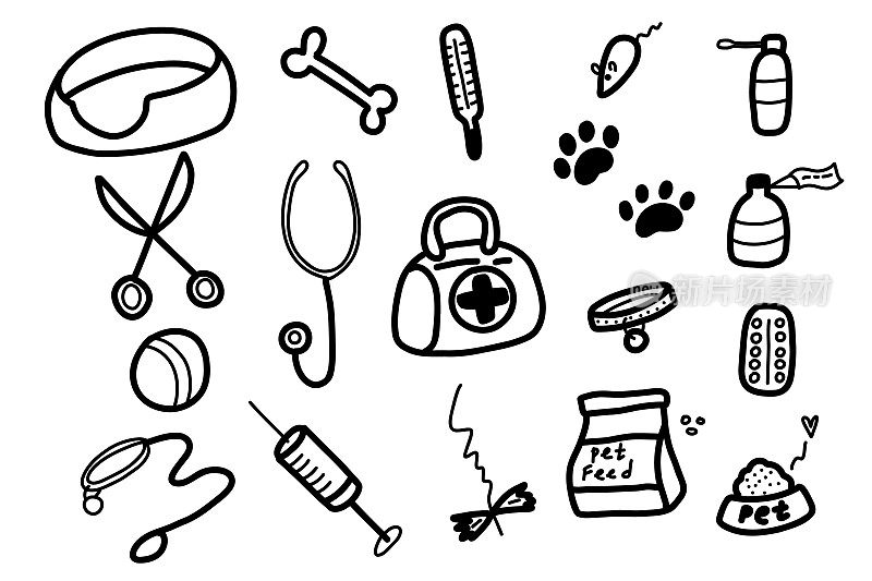 手绘涂鸦兽医诊所和宠物店。宠物，食物，玩具和美容用品。矢量素描插图在白色背景。