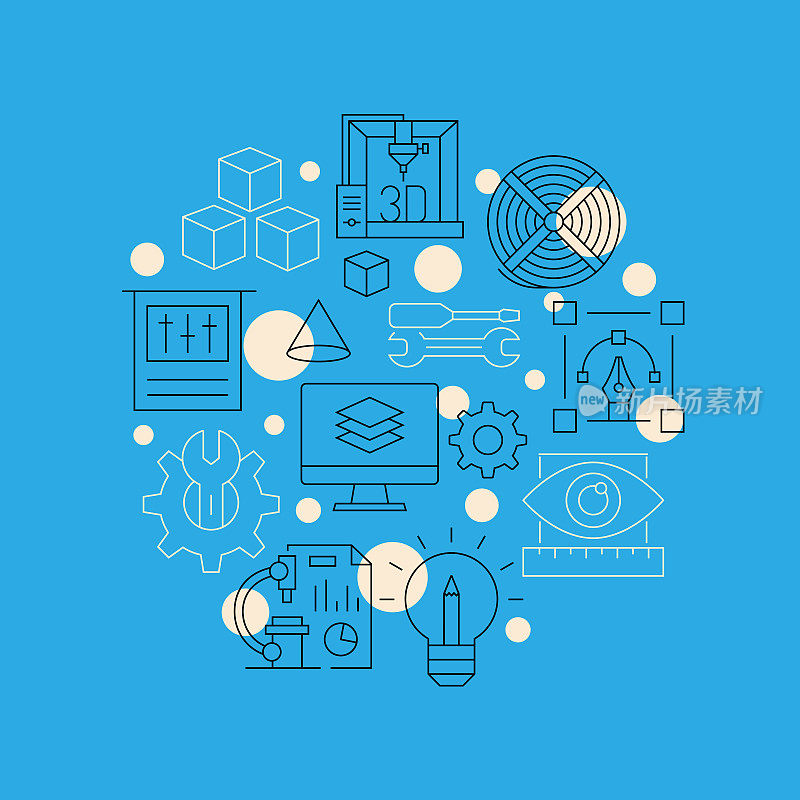 3D打印技术相关设计元素。使用大纲图标的模式设计。色彩斑斓的矢量图