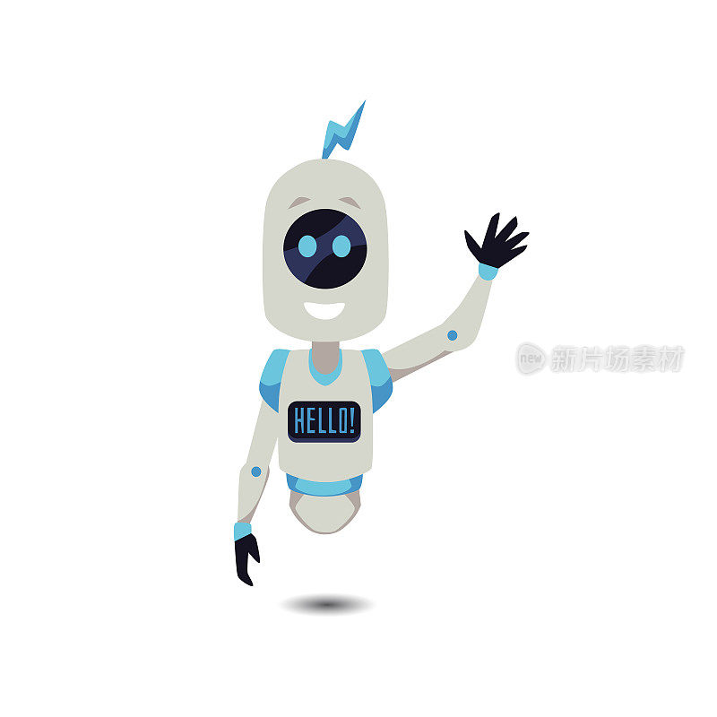 欢快的漂浮机器人挥手与hello字在数字屏幕-平面矢量插图孤立在白色。