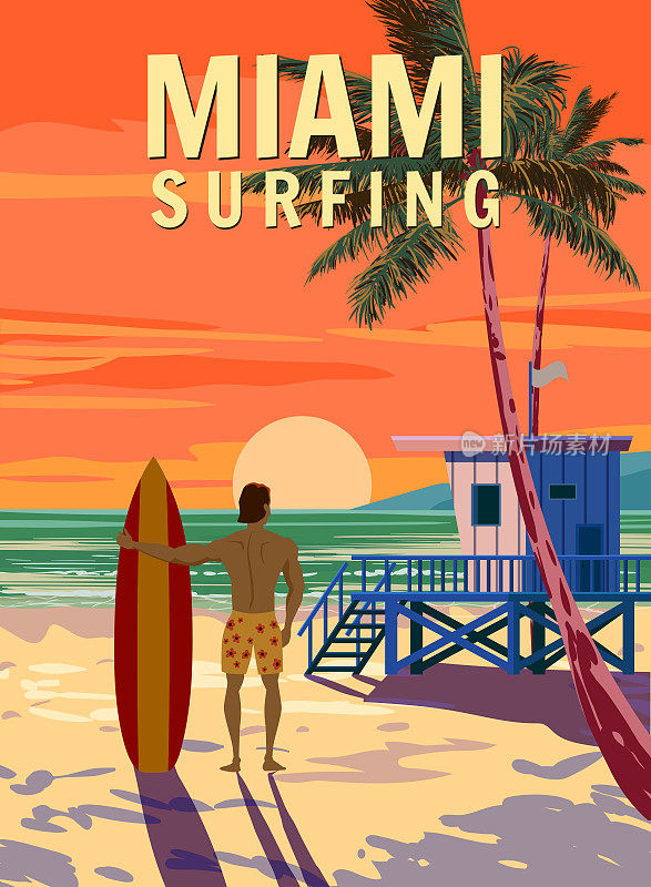 迈阿密海滩复古海报，冲浪手与冲浪板。海滩，棕榈，海岸，冲浪，海洋上的救生员的房子。矢量图的