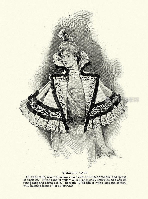 维多利亚时代的女性时尚，穿着白色缎面斗篷的女人，19世纪90年代，19世纪