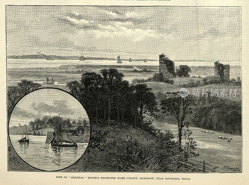 救世军农场殖民地的遗址和哈德利城堡的废墟，哈德利，埃塞克斯，维多利亚，1890年，19世纪