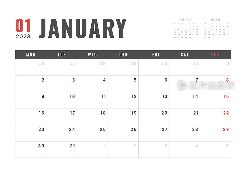 2023年1月月历模板。矢量简单的灰色网格布局的墙壁或办公桌日历与周开始在周一打印