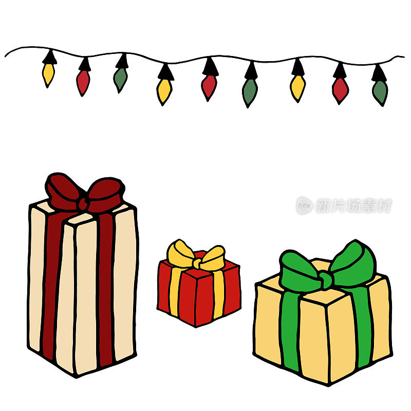设置圣诞礼物和花环。红，绿，黄的颜色。矢量插图。
