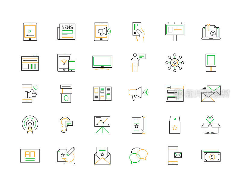 广告相关矢量细线图标。大纲符号集合