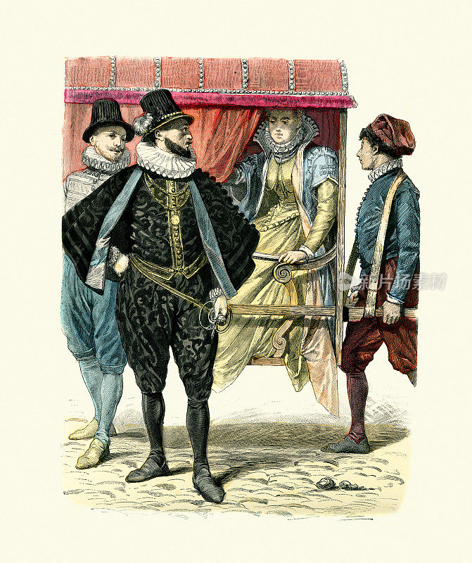 意大利传统服饰，那不勒斯，贵族妇女在旅行的轿子，贵族男子，16世纪后期的时装历史