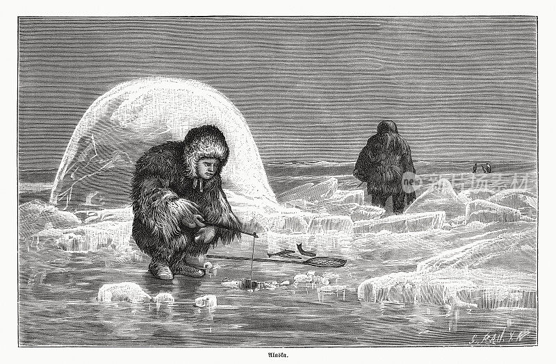 爱斯基摩女人在阿拉斯加冰钓，木刻，出版于1885年