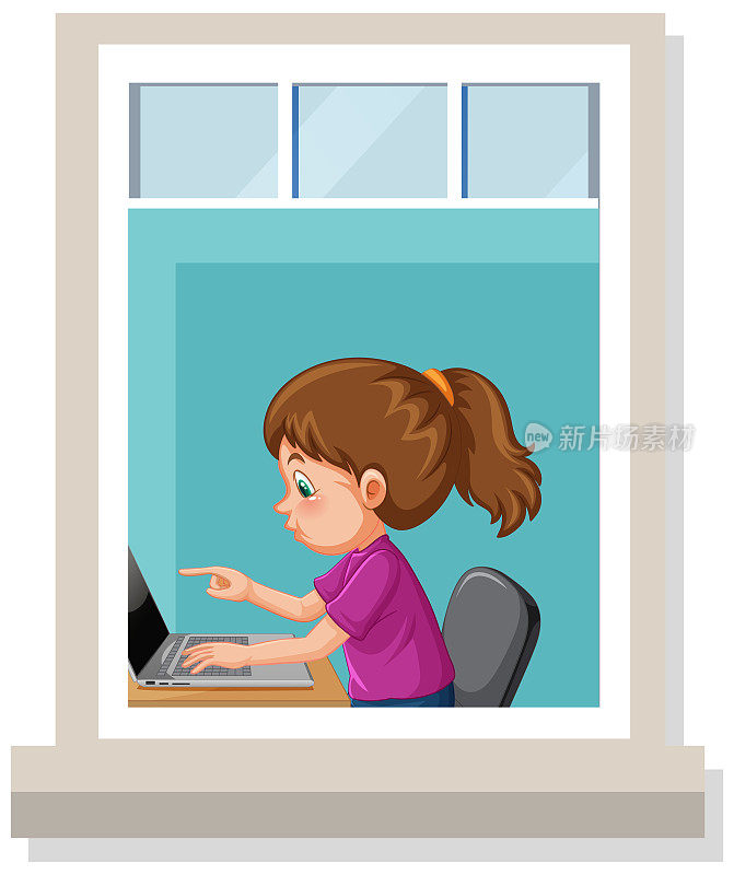 透过窗户看到一个使用笔记本电脑的女孩