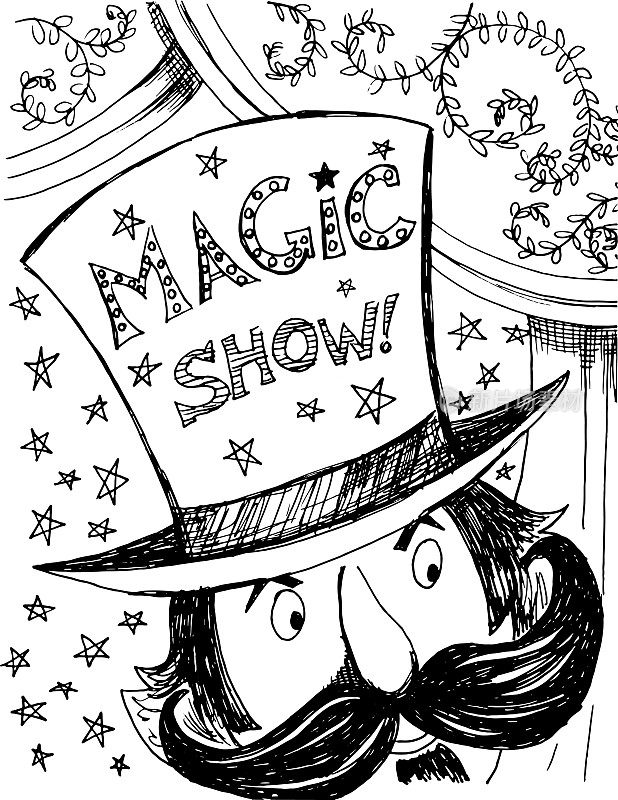 涂鸦风格的魔术师在大帽子与舞台背景