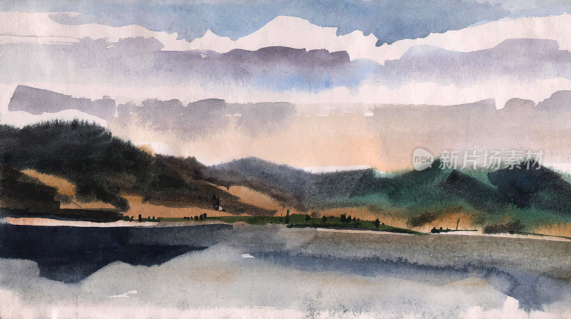 湖面上阴天，夏日，山水水彩画。
