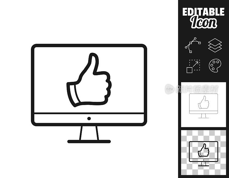 台式电脑，竖起大拇指。图标设计。轻松地编辑