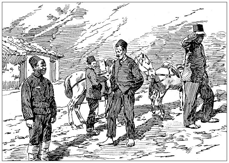 古代插图:土耳其希腊边境士兵，土耳其人在梅洛纳