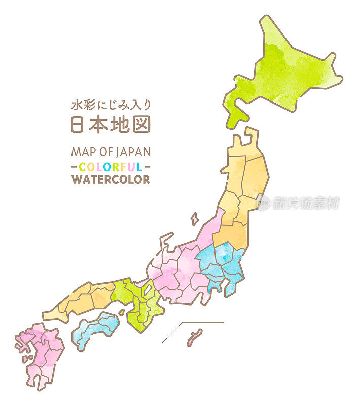 日本地图，手绘水彩画