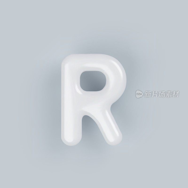 3D白色塑料大写字母R在灰色背景上有光泽的表面。