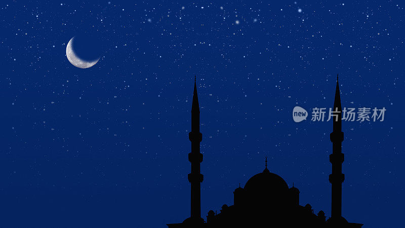 伊斯兰清真寺的剪影，星空和新月的背景
