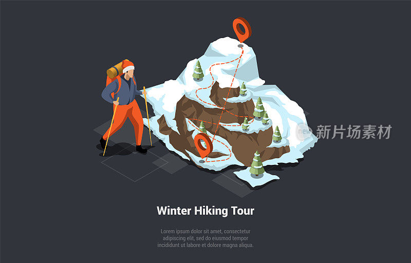 概念冒险，徒步旅行，冬季探索和假期。男主角带着装备的男人正在穿越群山。山地路线及轨道计划。等距三维卡通矢量插图