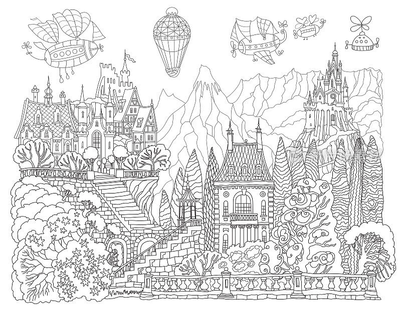 幻想景观与童话城堡在山上，花园，山脉和幻想飞行的飞艇。黑白涂色书页